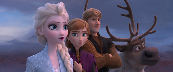 Elsa, Anna, Kristoff, and Sven looking ahead with worried expressions against a twilight sky.