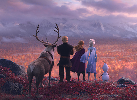 Animated characters and a reindeer stand on a red hill looking at mountains and autumn forests.