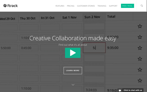 ftrack website landing page with a time-tracking grid and text reading Creative Collaboration made easy.