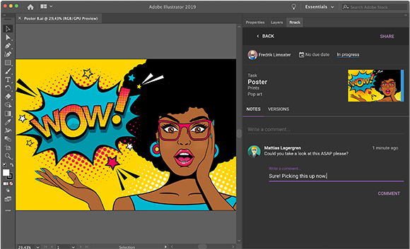 Adobe Illustrator workspace displaying a pop art woman with a 'WOW!' speech bubble and a task sidebar.