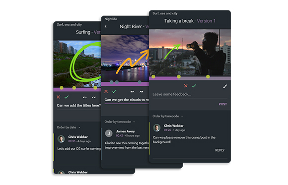 Three dark-themed mobile app screens showing photos with overlaid editing notes and user comments.
