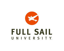 Full Sail University logo featuring an orange circle with a white airplane silhouette above the university name.