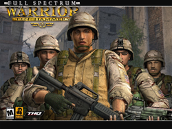 Five soldiers in combat gear and helmets holding rifles against a city background.