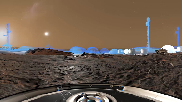 Digital rendering of a futuristic colony with blue translucent domes and towers on a dark, rocky planetary surface.
