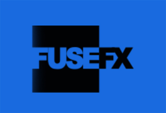 FUSEFX text in blue and black over a black square on a blue background.