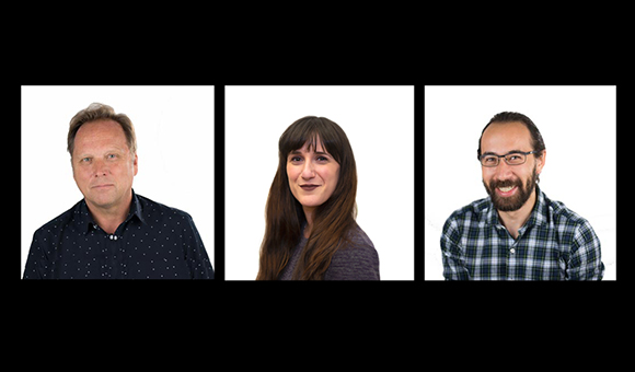 Three separate portraits of a man, a woman, and a man against white backgrounds.
