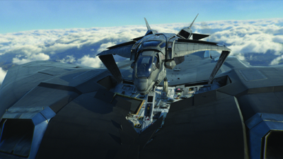A dark, angular futuristic spacecraft flying above a thick layer of white clouds under a blue sky.