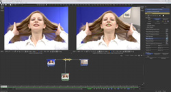 Video editing software interface displaying a split-screen comparison of a woman against a blue and indoor background.