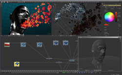 Interface of 3D software displaying a stylized head emitting red particles and a node-based editing graph.