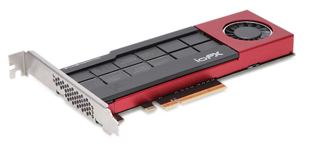 A red and black ioFX computer expansion card with a small cooling fan and a metal mounting bracket.