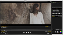 Video editing software interface showing a woman in a white shirt leaning against a rock wall.
