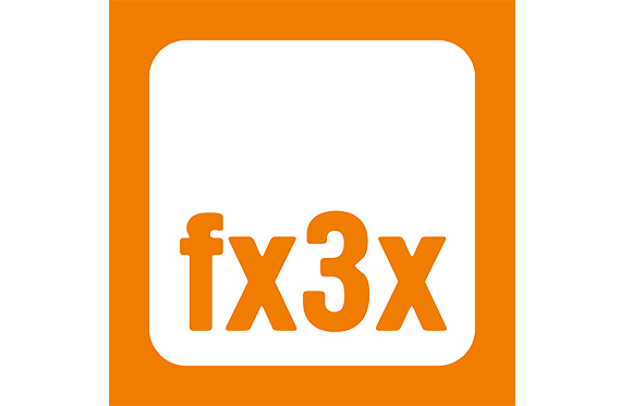 Orange square with rounded corners containing a white square and the text fx3x in orange.