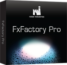 A black software box for FxFactory Pro by Noise Industries with a glowing light effect at the bottom.