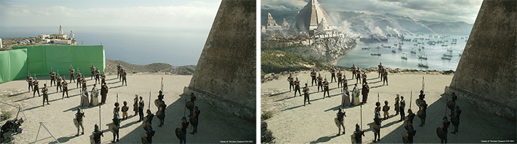 A split view showing a film crew on a set next to a CGI landscape of a coastal city with a large pyramid.