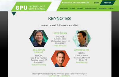 Webpage for GPU Technology Conference featuring keynote speakers Jeff Dean, Jen-Hsun Huang, and Andrew Ng.
