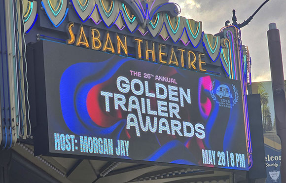 Marquee of the Saban Theatre advertising the 26th Annual Golden Trailer Awards hosted by Morgan Jay.