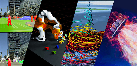 Four diagonal panels showing a digital landscape, a robotic arm, colorful fluid streamlines, and a flame simulation.