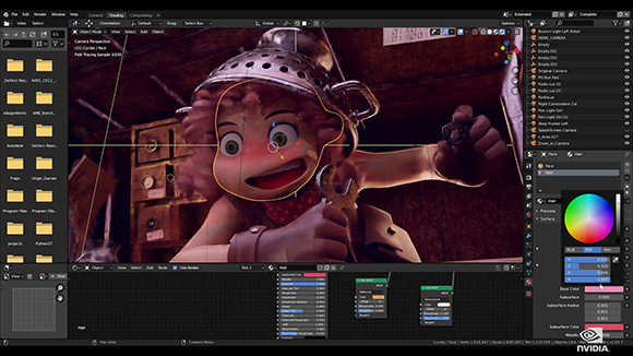 A 3D animated girl character with large green eyes being sculpted in the Blender software interface.