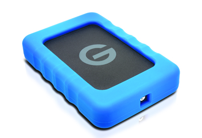 A blue portable external hard drive with a black face featuring a white circular logo.