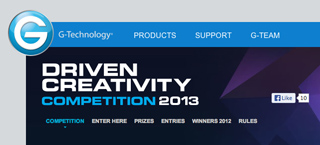 Blue and dark blue banner for G-Technology Driven Creativity Competition 2013 with navigation links.