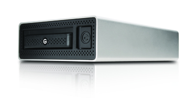A silver rectangular external hard drive with a black front panel and a power button.