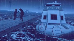 Two silhouettes stand on a wooden pier beside a police boat in a rainy, blue-toned seascape.