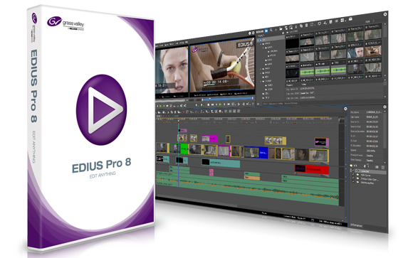 Software box for EDIUS Pro 8 next to digital interface windows showing video editing timelines and clips.