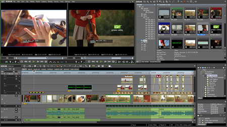 A digital interface of video editing software displaying video thumbnails, a timeline, and audio waveforms.