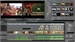 A digital interface showing video preview windows, a media bin with thumbnails, and a multi-track timeline.