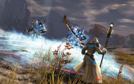 Three armored fantasy figures stand in a misty field under a cloudy sky.