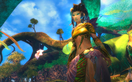 A female fantasy character with blue eyes and leaf-like clothing stands in a vibrant, sunlit jungle.