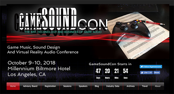 Banner for Gamesoundcon featuring a game controller on top of papers with event details below.