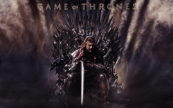 A man in dark armor sits on a throne made of swords amidst swirling smoke.
