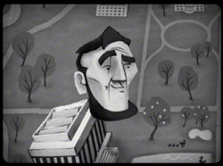 Black and white cartoon of a large man's head floating over a stylized park landscape.