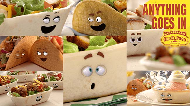 Collage of tacos, burritos, and bowls featuring cartoonish eyes and mouths drawn on them.