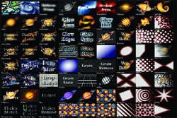 A large grid displaying numerous small squares of different digital textures, glows, patterns, and light effects.