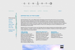 GenArts website displaying Sapphire Final Cut Pro plugins and visual effects software information.