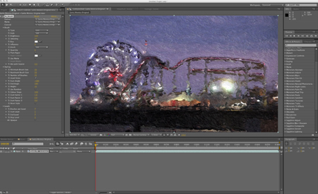 A digital workspace showing an impressionistic painting of a lit amusement park at night.