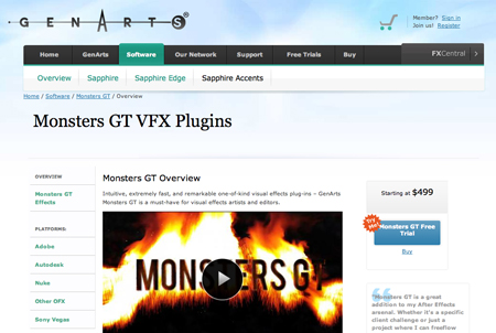 GenArts webpage displaying Monsters GT VFX Plugins with overview, platform compatibility, and pricing information.