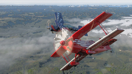 A red biplane flying through clouds over a dense green forest landscape.