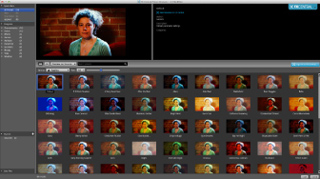 Video editing software interface displaying a woman in a large preview window above a grid of video thumbnails.