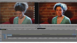 Video editing software displaying two side-by-side frames of a woman in a green shirt against a brick wall.