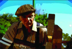 A stylized, high-contrast illustration of a man in a flat cap and collared shirt.