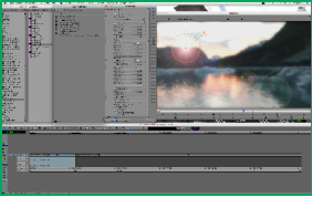A digital interface of video editing software displaying a landscape with mountains and water.