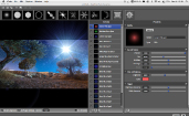 A dark-themed photo editing software interface showing a landscape photo and various adjustment sliders.