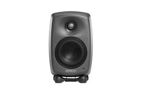 A grey Genelec studio monitor speaker with a small tweeter above a larger woofer on a white background.