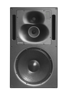 A large black Genelec studio monitor speaker with three drivers against a white background.