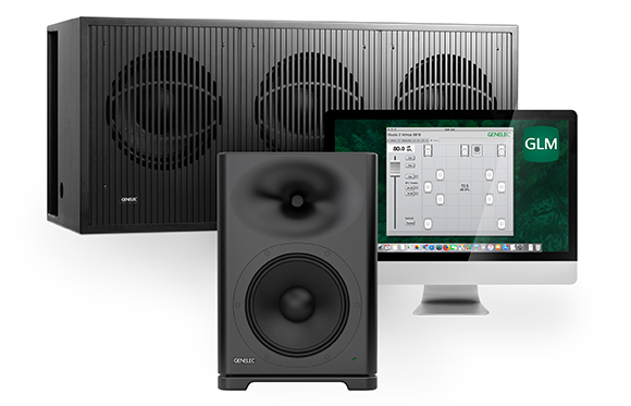 A large black studio monitor, a smaller studio monitor, and a computer screen showing GLM software.