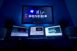 A computer setup with three monitors and a large screen displaying the Genesis Studios logo in a dark blue room.