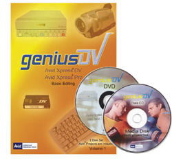 A yellow software box for Genius DV featuring an Avid Xpress DV manual, accompanied by a DVD and a Data CD.